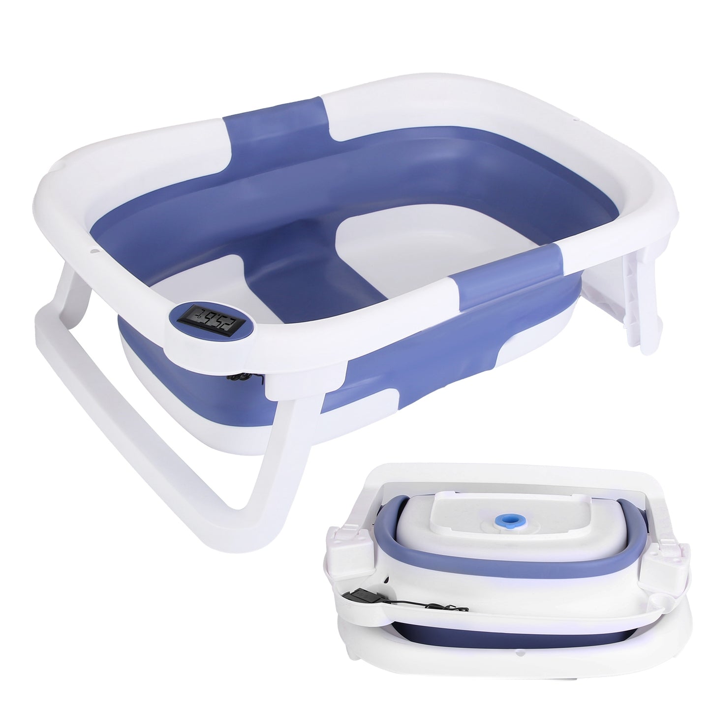 Foldable baby bath seat with blue interior and white exterior on a white background