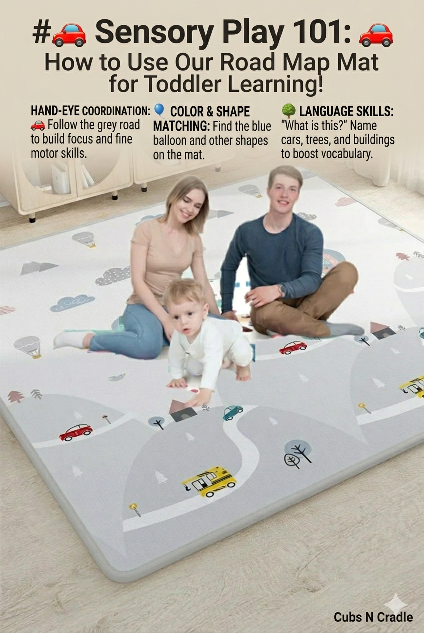 A 2:3 Pinterest pin featuring a young family sitting on a large, grey and white road-map play mat by Cubs N Cradle. The top of the image has bold text reading "# Sensory Play 101: How to Use Our Road Map Mat for Toddler Learning!"