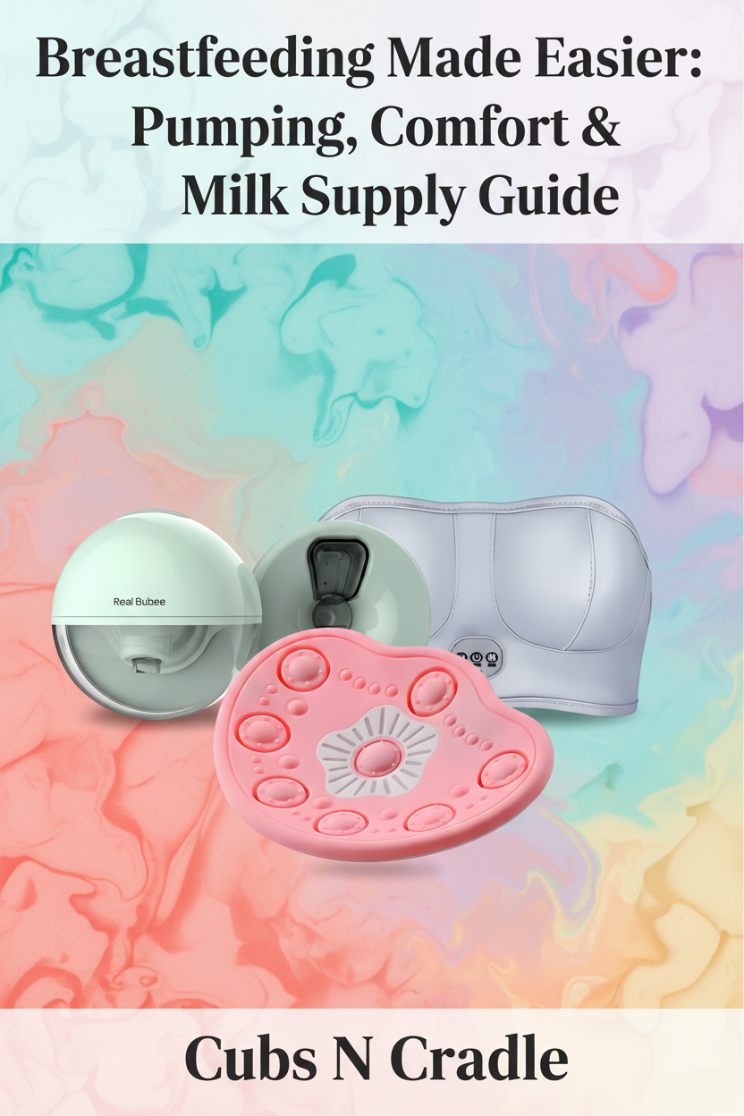 "Wearable breast pump, breast massage pads, and nursing bra from Cubs N Cradle — breastfeeding and pumping essentials for new mums"