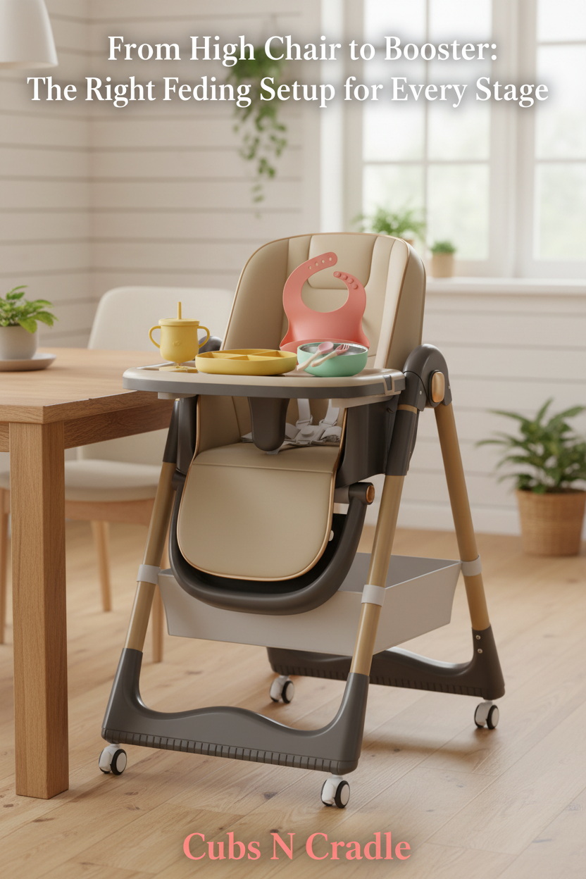 "A colorful mealtime scene featuring a 4-in-1 convertible high chair and a silicone baby feeding set with plate, bowl, and straw cup on a bright yellow and coral background"