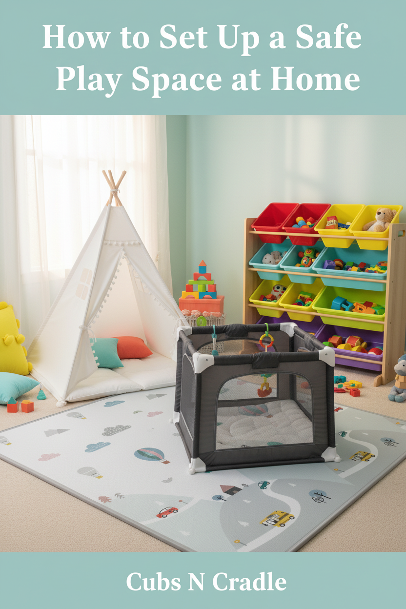 "Colorful baby and toddler play space setup featuring a foam puzzle mat, breathable mesh playpen, kids teepee tent, and multi-bin toy storage rack — Cubs N Cradle"