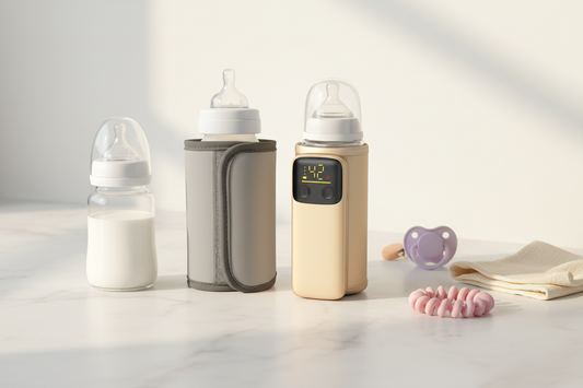 "Two Cubs N Cradle portable USB rechargeable baby bottle warmers displayed side by side on a white marble surface with a baby bottle and soft nursing accessories, illustrating safe temperature control for breastmilk and formula."