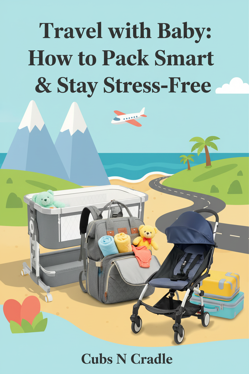 "3-in-1 diaper bag backpack, foldable baby crib, and stroller canopy cover from Cubs N Cradle — essential travel gear for babies and toddlers"