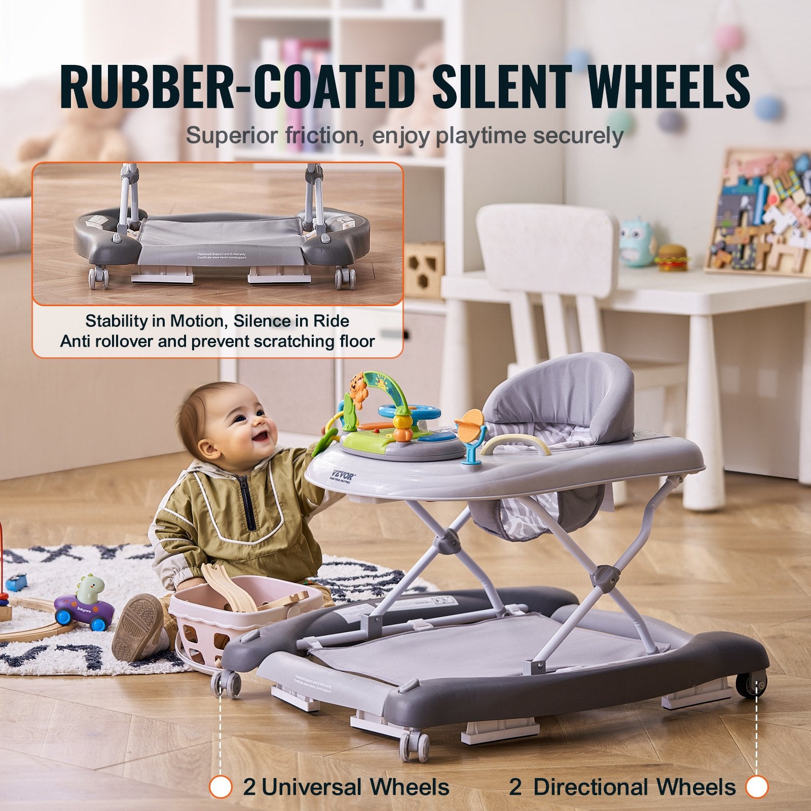 Baby walker with rubber-coated silent wheels in a room setting