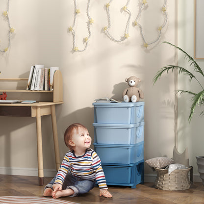 Child sitting on the floor next to a stack of blue storage boxes in a room with a desk and teddy bear.