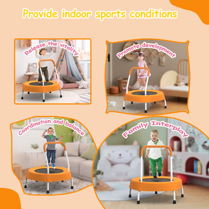 Children playing on a small orange trampoline in a home setting with text highlighting benefits.