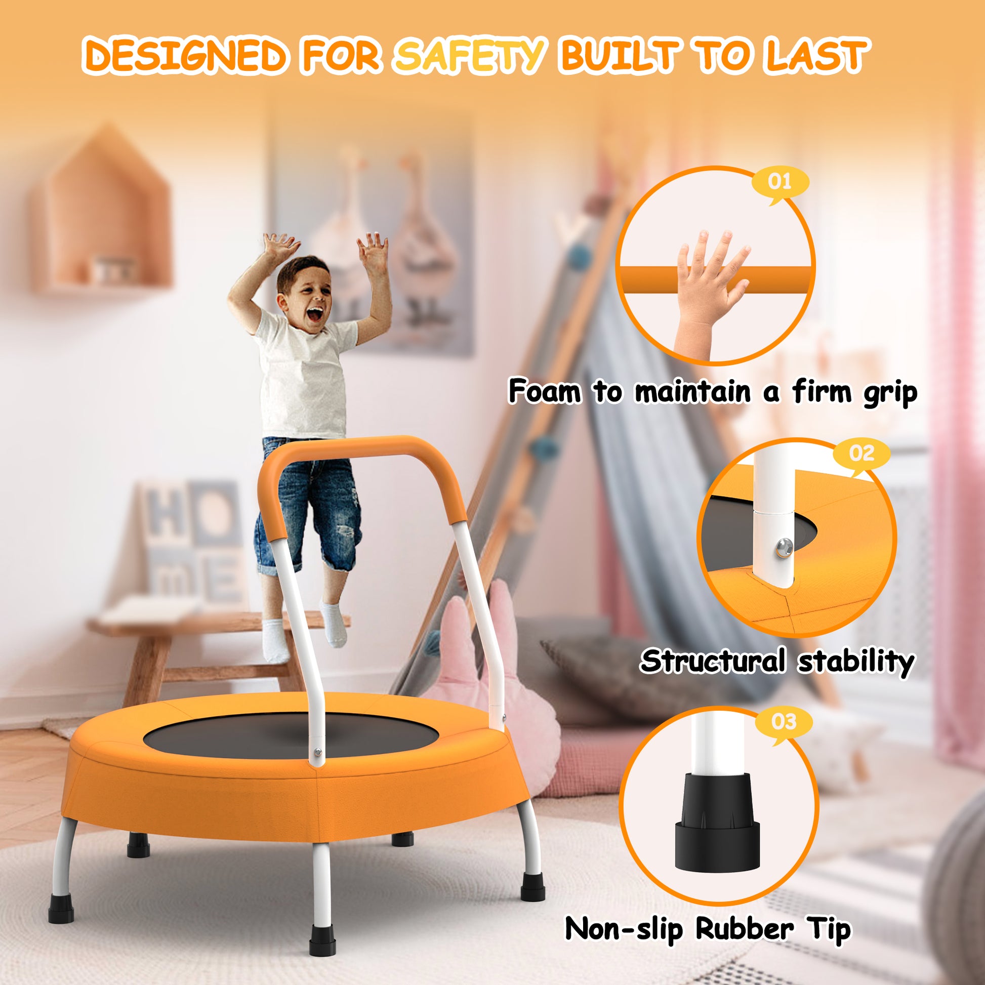 Orange and white trampoline with safety features highlighted, child jumping in a room.