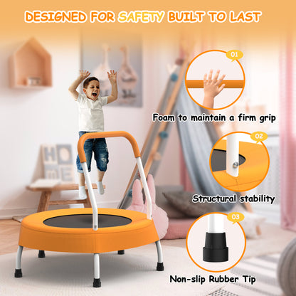 Orange and white trampoline with safety features highlighted, child jumping in a room.