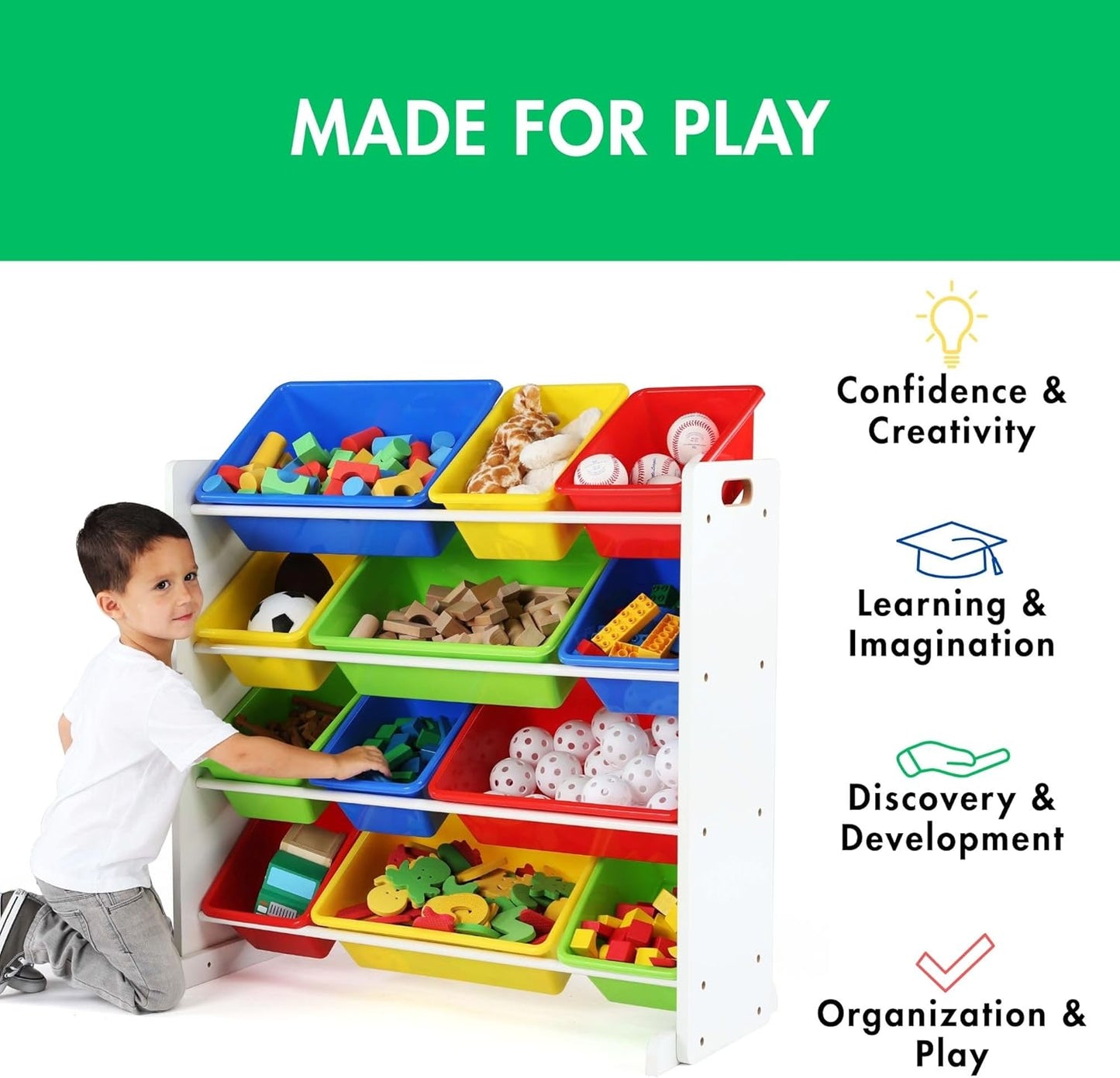 Kids Toy Storage Organizer with 12 Plastic Bins, White/Primary – Removable Bins for Playroom, Bedroom, Toddler Furniture for Boys and Girls Ages