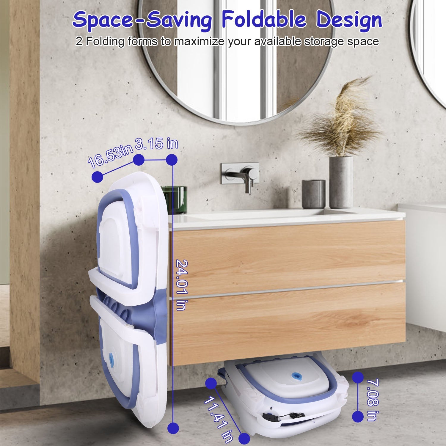 Foldable space-saving step stool in a bathroom setting with measurements displayed.