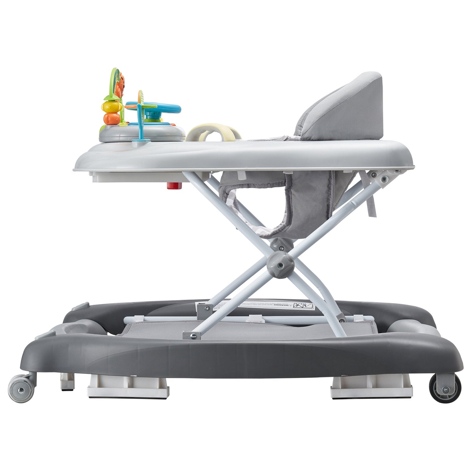 Baby high chair with adjustable tray and toys on a white background