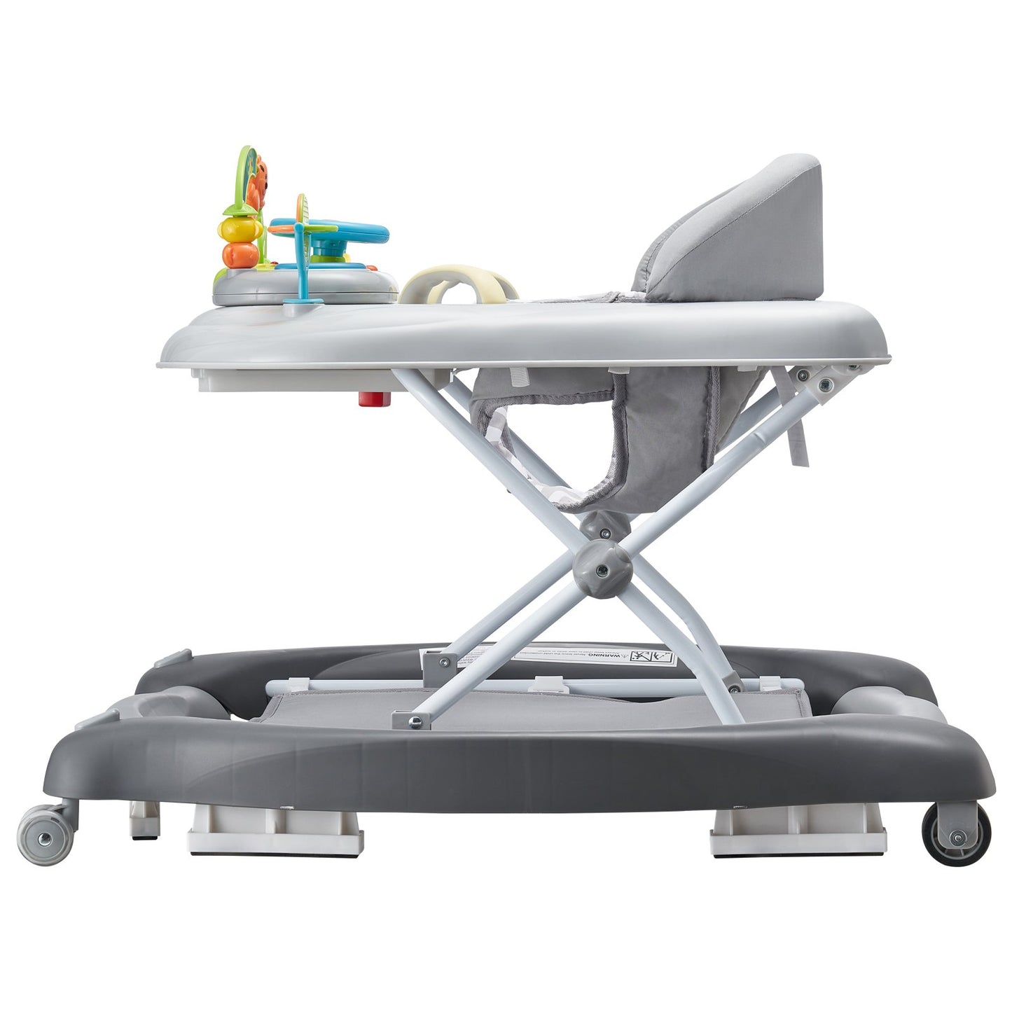 Baby high chair with adjustable tray and toys on a white background
