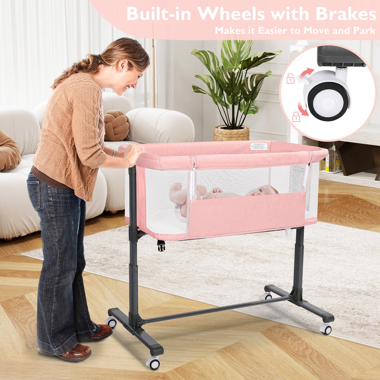 Baby Bassinet with Wheels Adjustable Bedside Sleeper Bassinet Newborn Baby Crib, Pink