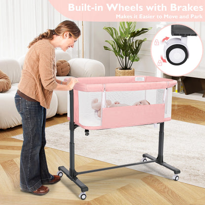 Baby Bassinet with Wheels Adjustable Bedside Sleeper Bassinet Newborn Baby Crib, Pink