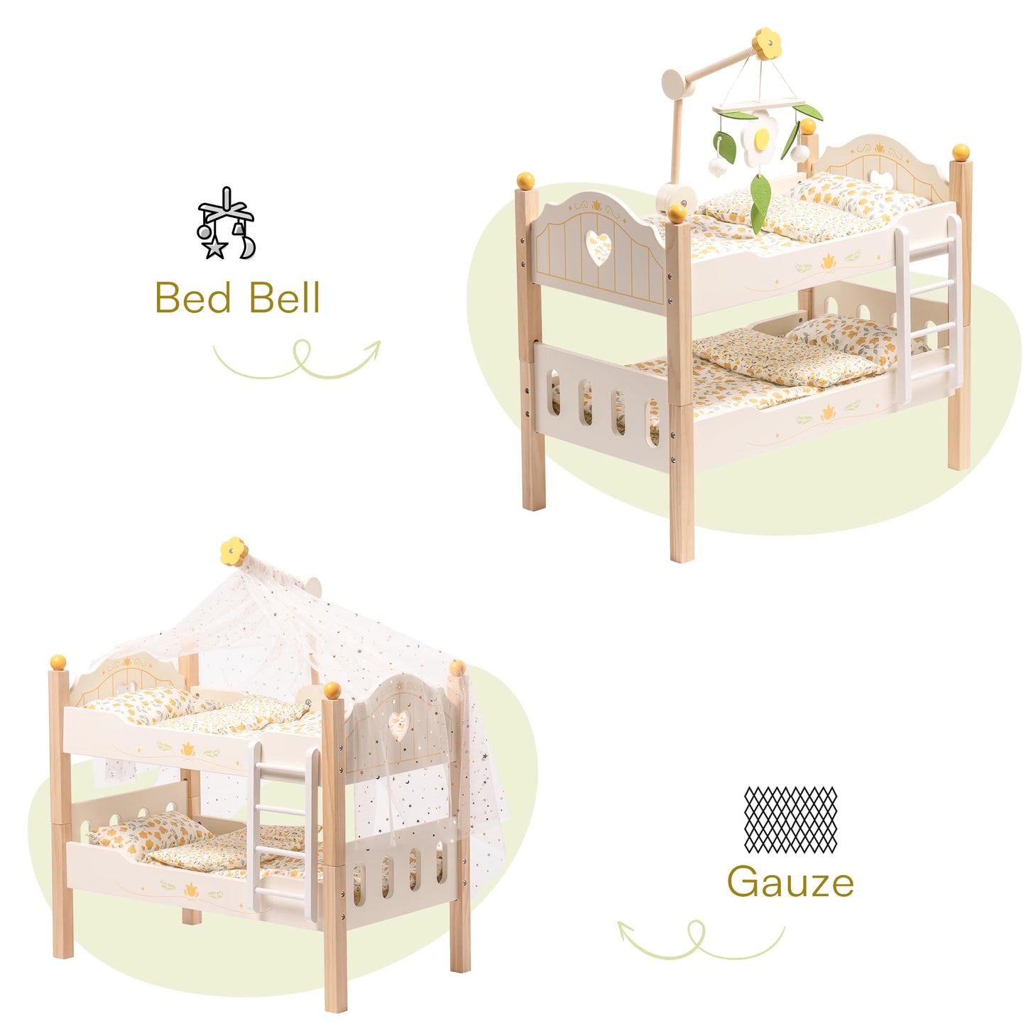 Children's bed with heart design and bed bell labeled on a white background