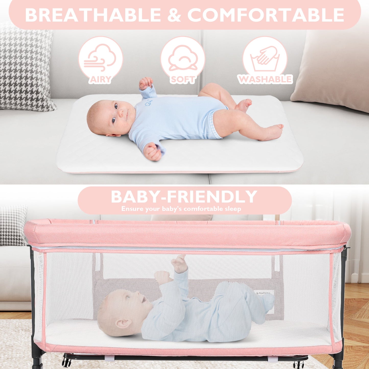 Baby Bassinet with Wheels Adjustable Bedside Sleeper Bassinet Newborn Baby Crib, Pink