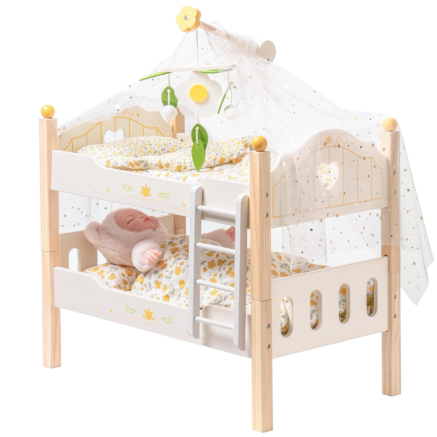 Wooden crib with baby doll and floral bedding on a white background
