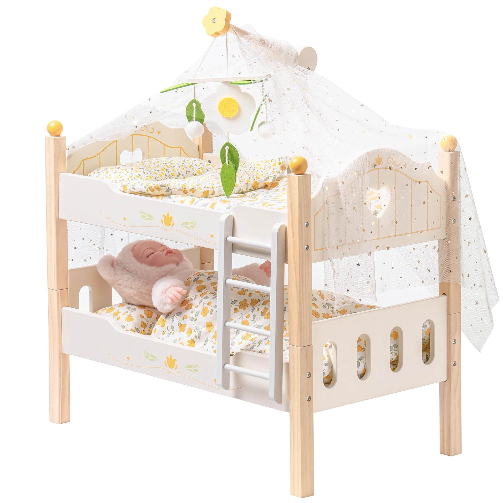 Wooden crib with baby doll and floral bedding on a white background