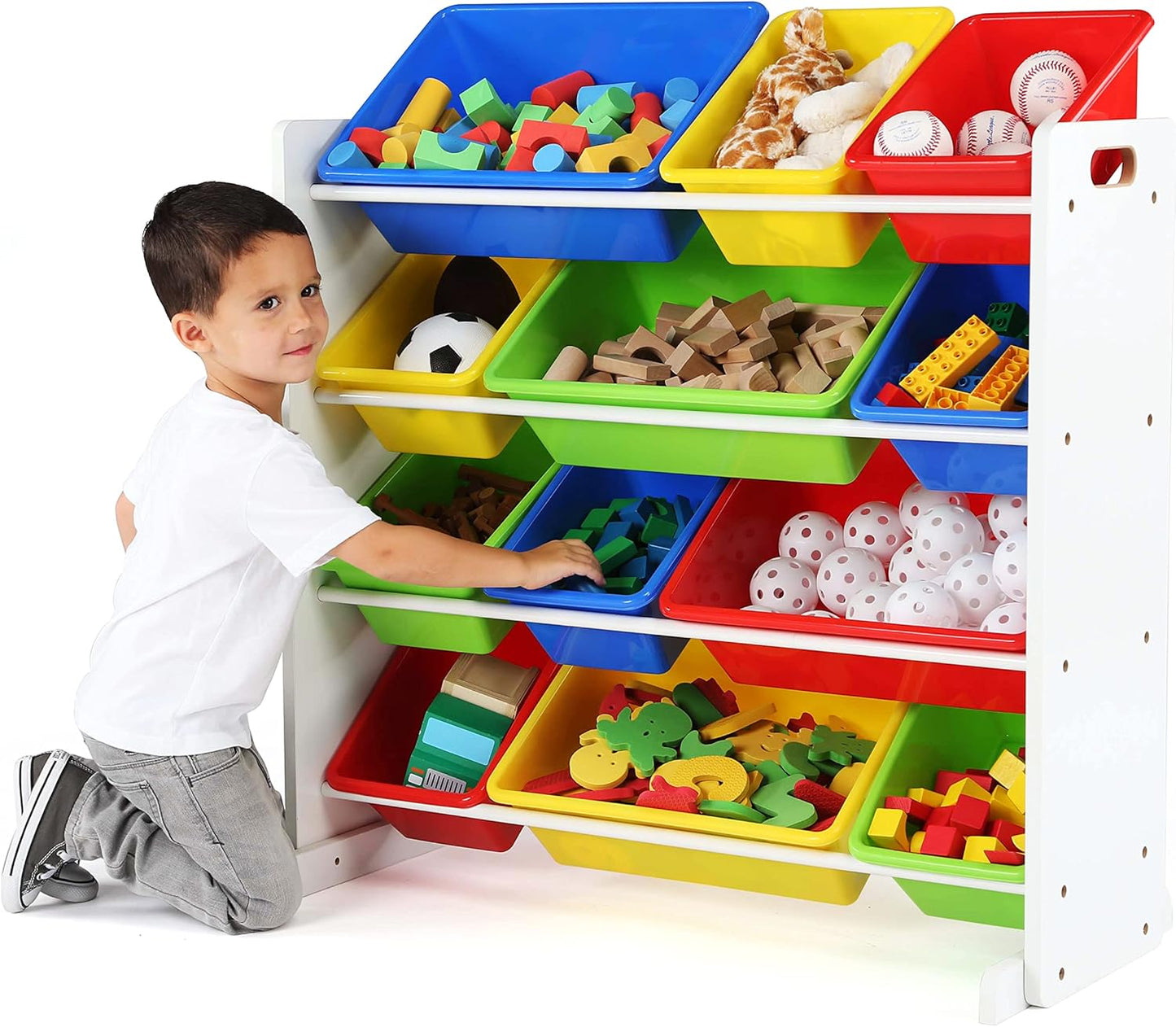 Kids Toy Storage Organizer with 12 Plastic Bins, White/Primary – Removable Bins for Playroom, Bedroom, Toddler Furniture for Boys and Girls Ages