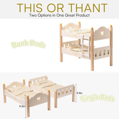 Wooden bunk beds with dimensions labeled on a white background