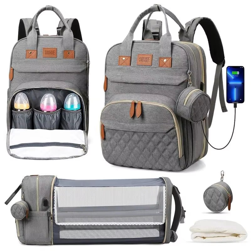 3 in 1 Diaper Bag Backpack Foldable Baby Bed Waterproof Travel Bag with USB Charge Diaper Bag Backpack with Changing Bed 3 Types