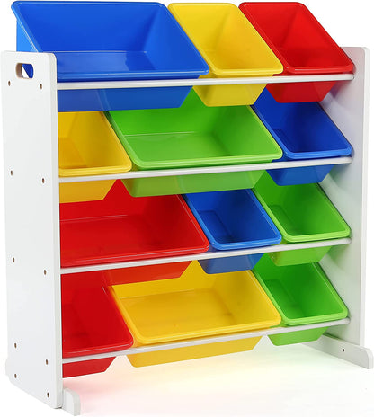 Kids Toy Storage Organizer with 12 Plastic Bins, White/Primary – Removable Bins for Playroom, Bedroom, Toddler Furniture for Boys and Girls Ages