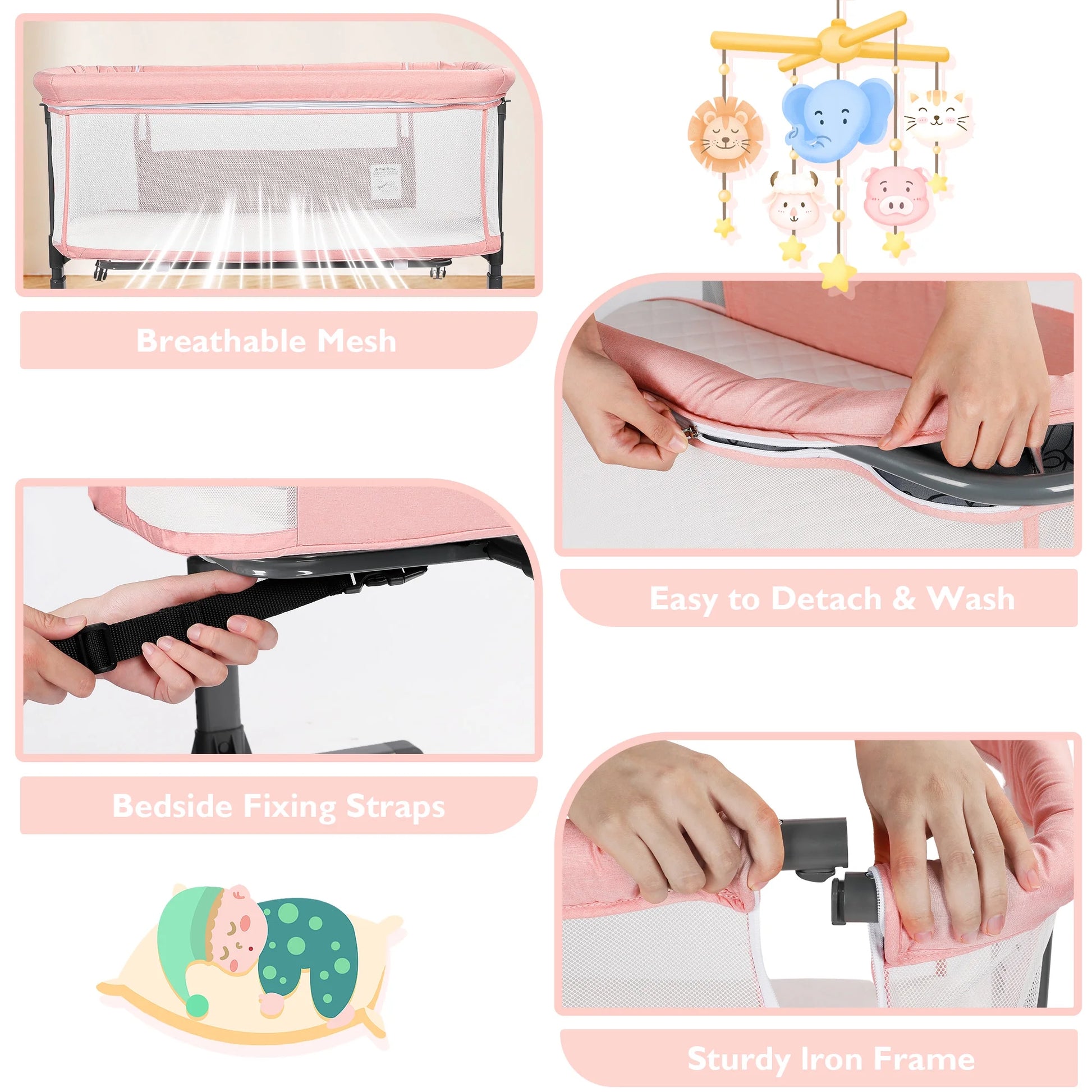 Baby Bassinet with Wheels Adjustable Bedside Sleeper Bassinet Newborn Baby Crib, Pink