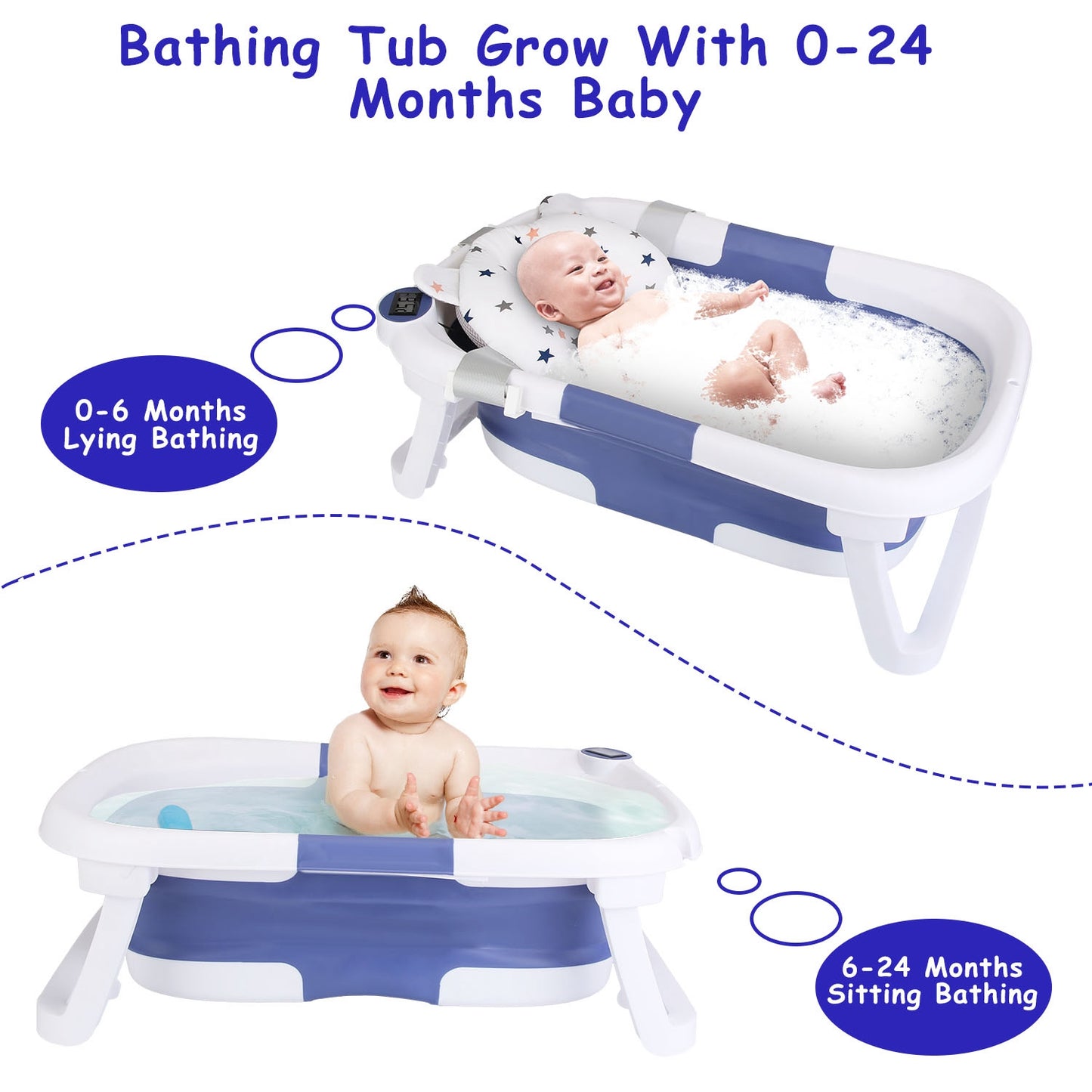 Foldable Baby Bathtub with Digital Thermometer - Portable Infant Bath, 0-24 Months