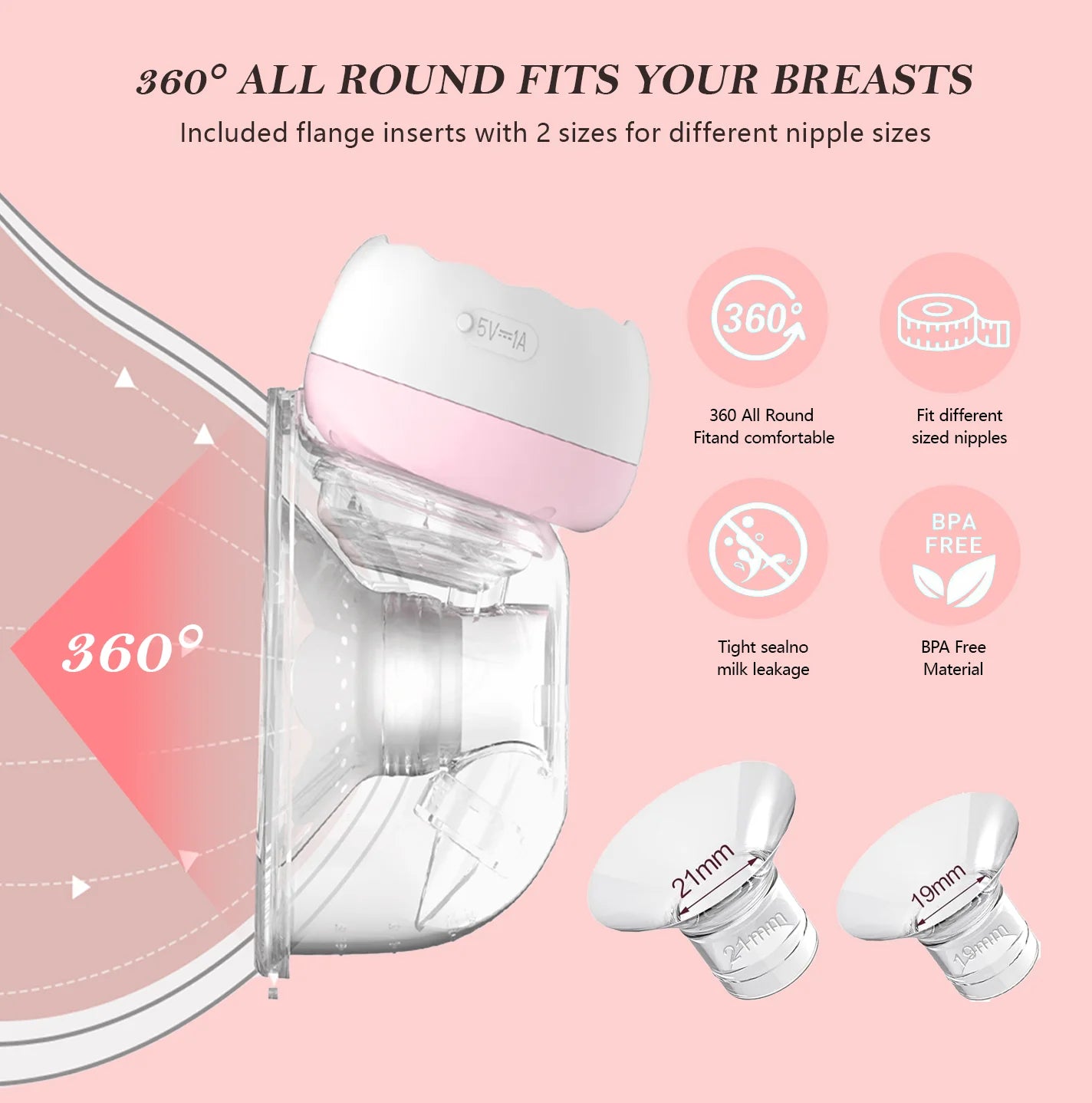 Wearable Electric Hands-Free Breast Pump, Wearable Electric Breast Pump with 4 Modes, 12 Levels, Pink
