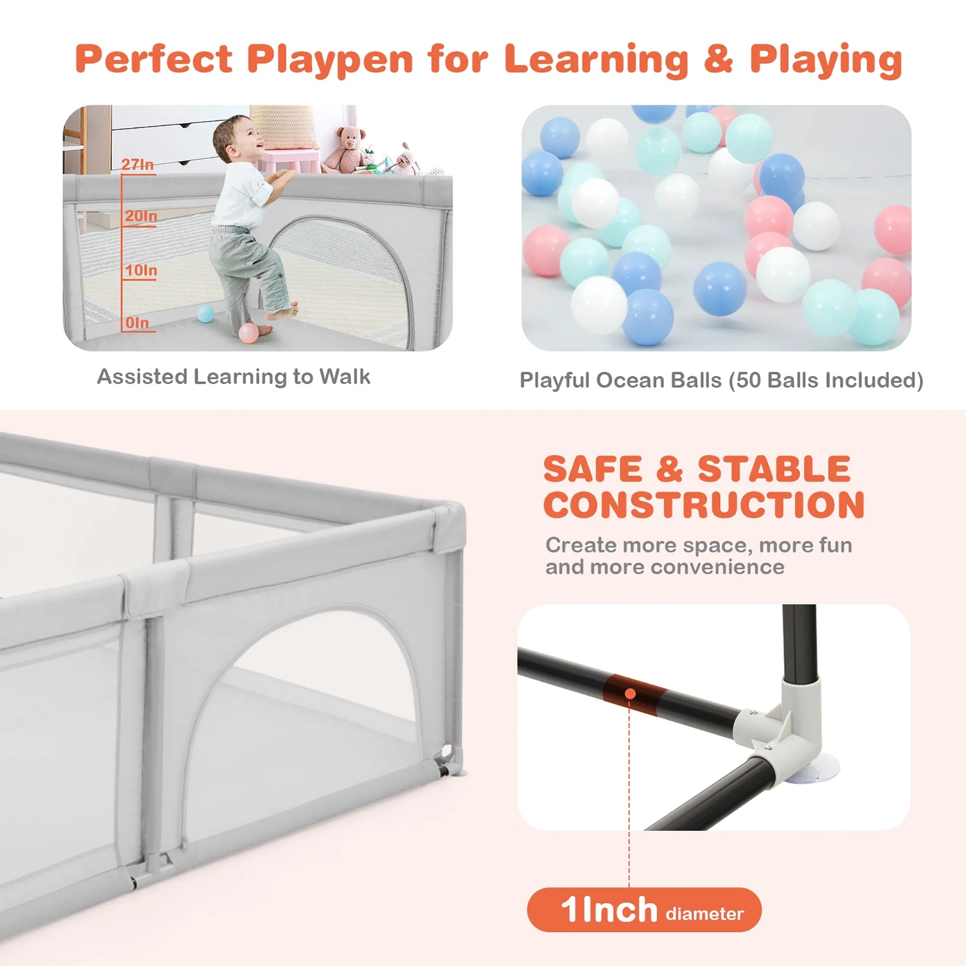 Baby Playpen Infant Large Safety Play Center Yard with 50 Ocean Balls Grey