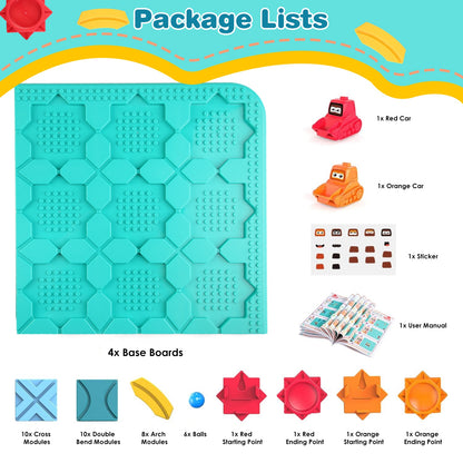 Product package list with teal base building board, cars, stickers, and a user manual on a colorful background.