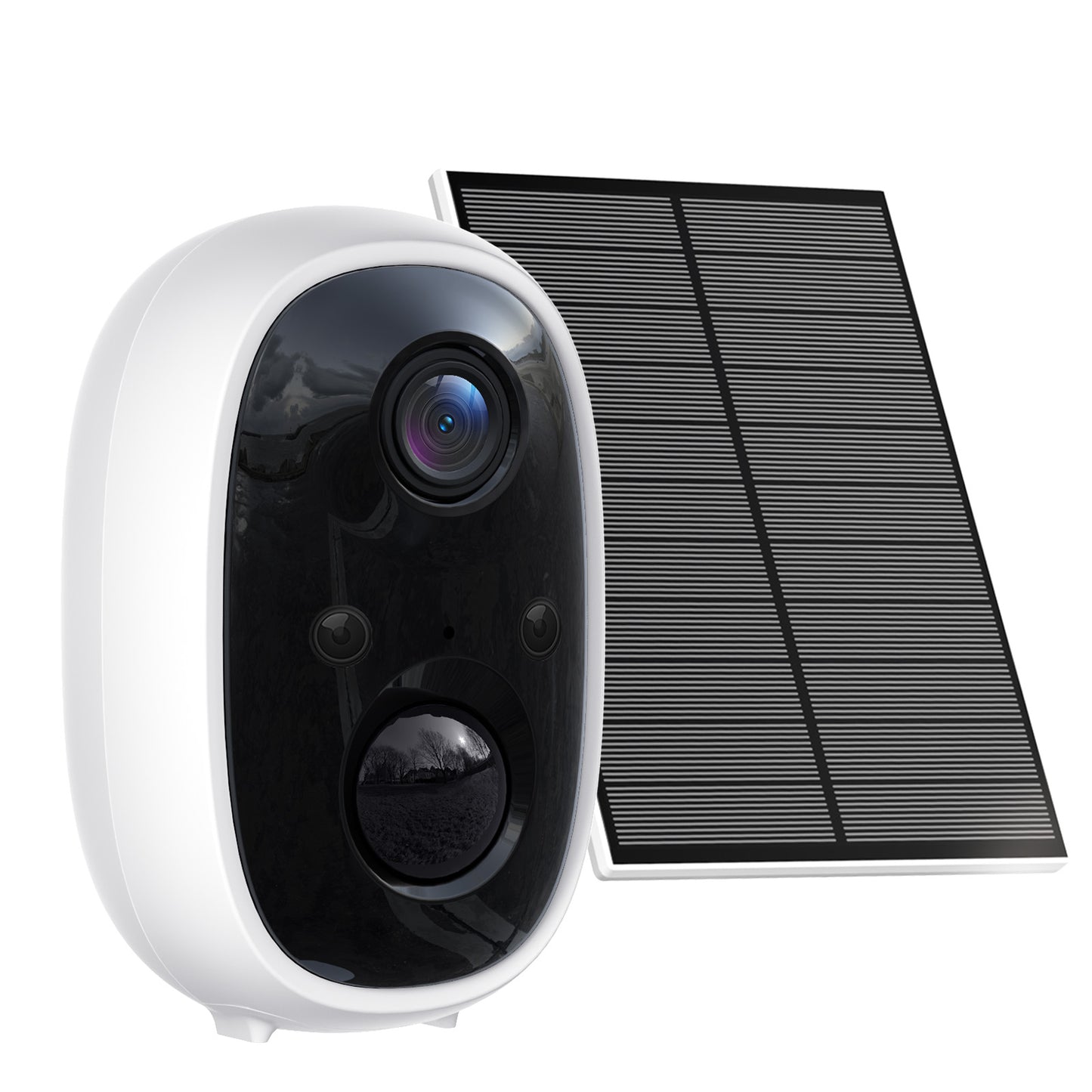 Wireless security camera with solar panel on a white background