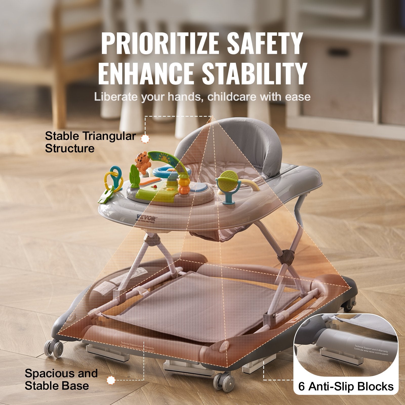 Baby walker with safety features highlighted on a wooden floor.