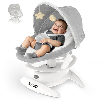 Baby in a gray and white baby swing with 'Zoicay' branding on a white background