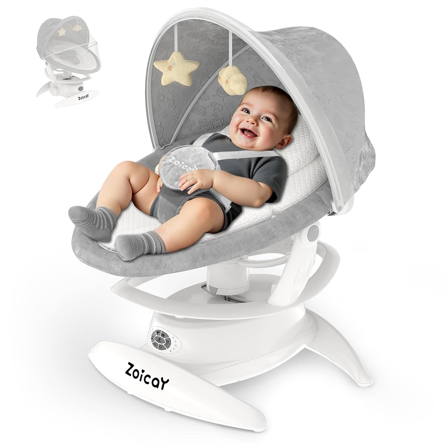 Baby in a gray and white baby swing with 'Zoicay' branding on a white background