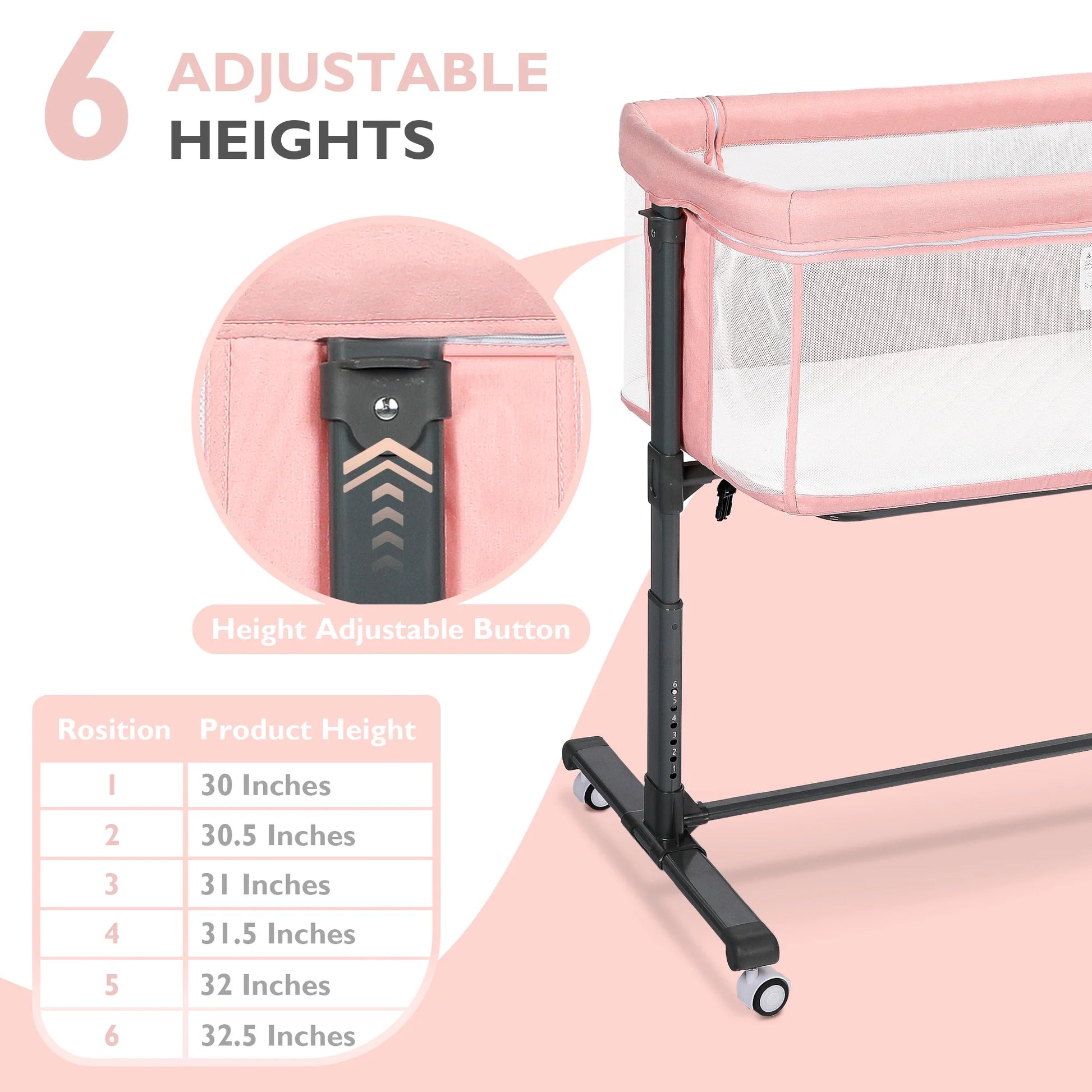 Baby Bassinet with Wheels Adjustable Bedside Sleeper Bassinet Newborn Baby Crib, Pink