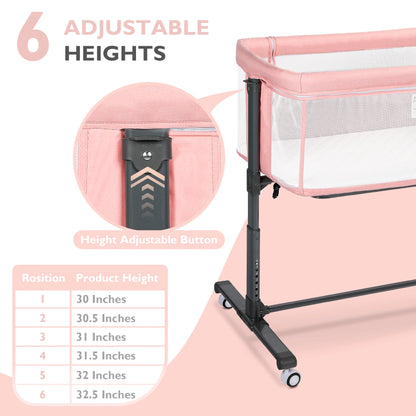Baby Bassinet with Wheels Adjustable Bedside Sleeper Bassinet Newborn Baby Crib, Pink