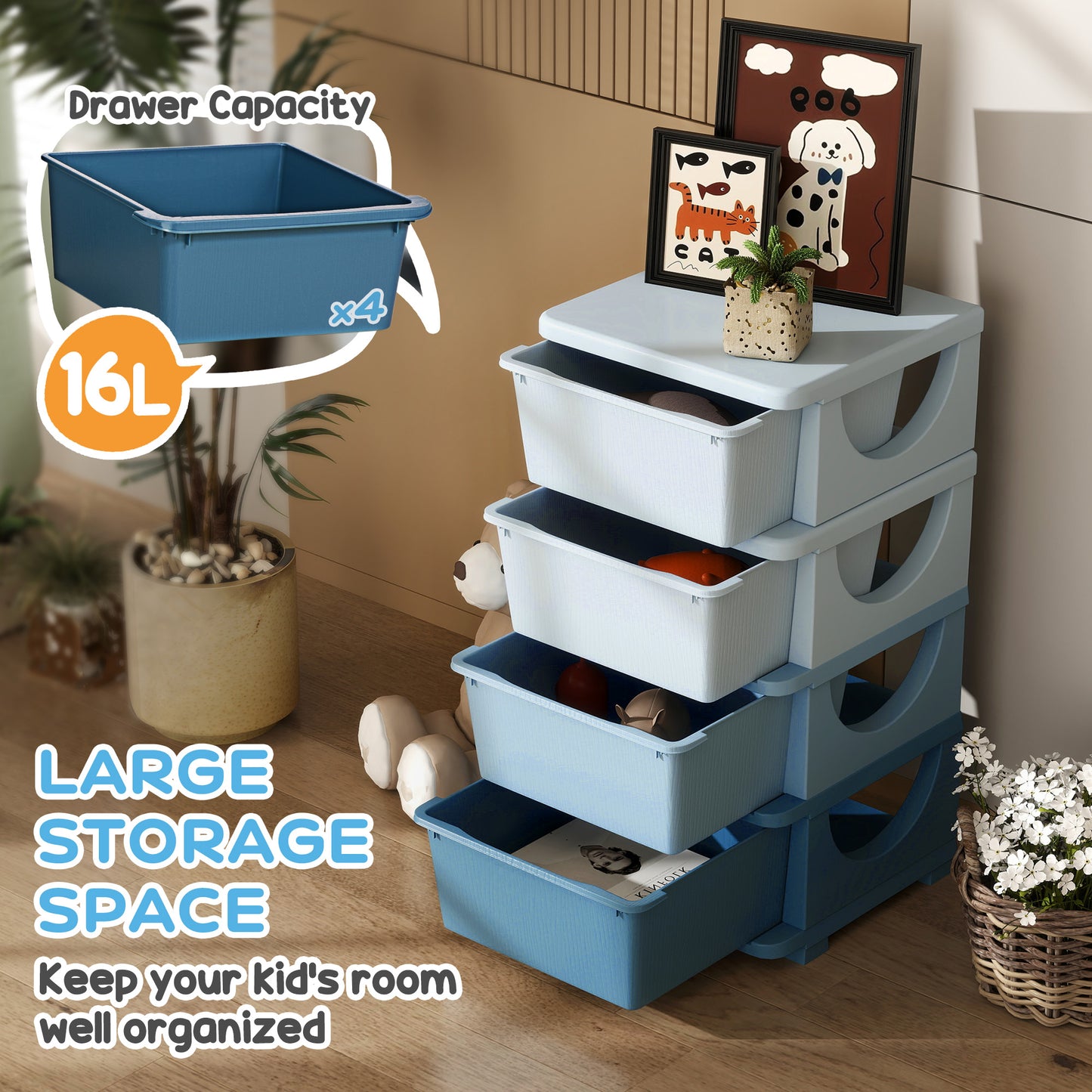 Kids 4-Drawer Storage Organizer - Blue Plastic Toy Chest & Wardrobe Unit for Playroom, Bedroom & Nursery