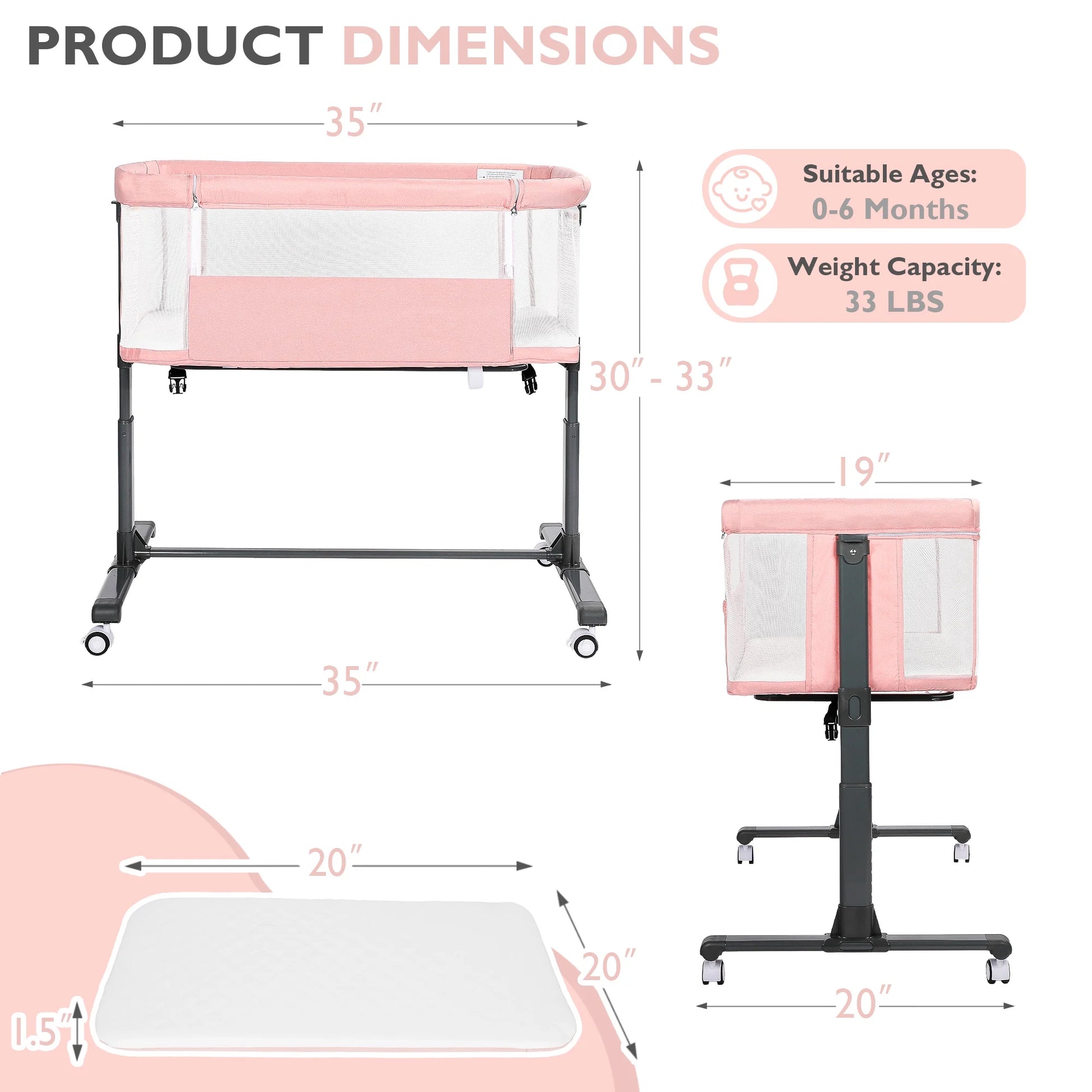 Baby Bassinet with Wheels Adjustable Bedside Sleeper Bassinet Newborn Baby Crib, Pink