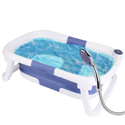 Inflatable bathtub with blue interior and white exterior, featuring a handheld shower head on a white background.