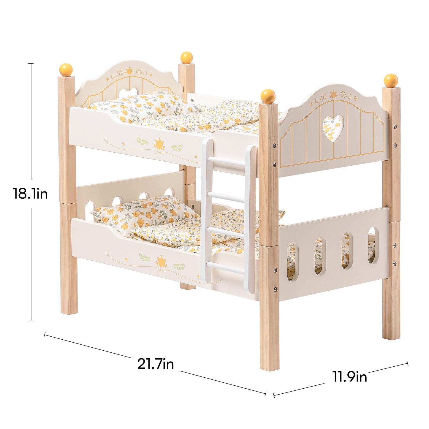 Wooden doll bunk bed with measurements on a white background