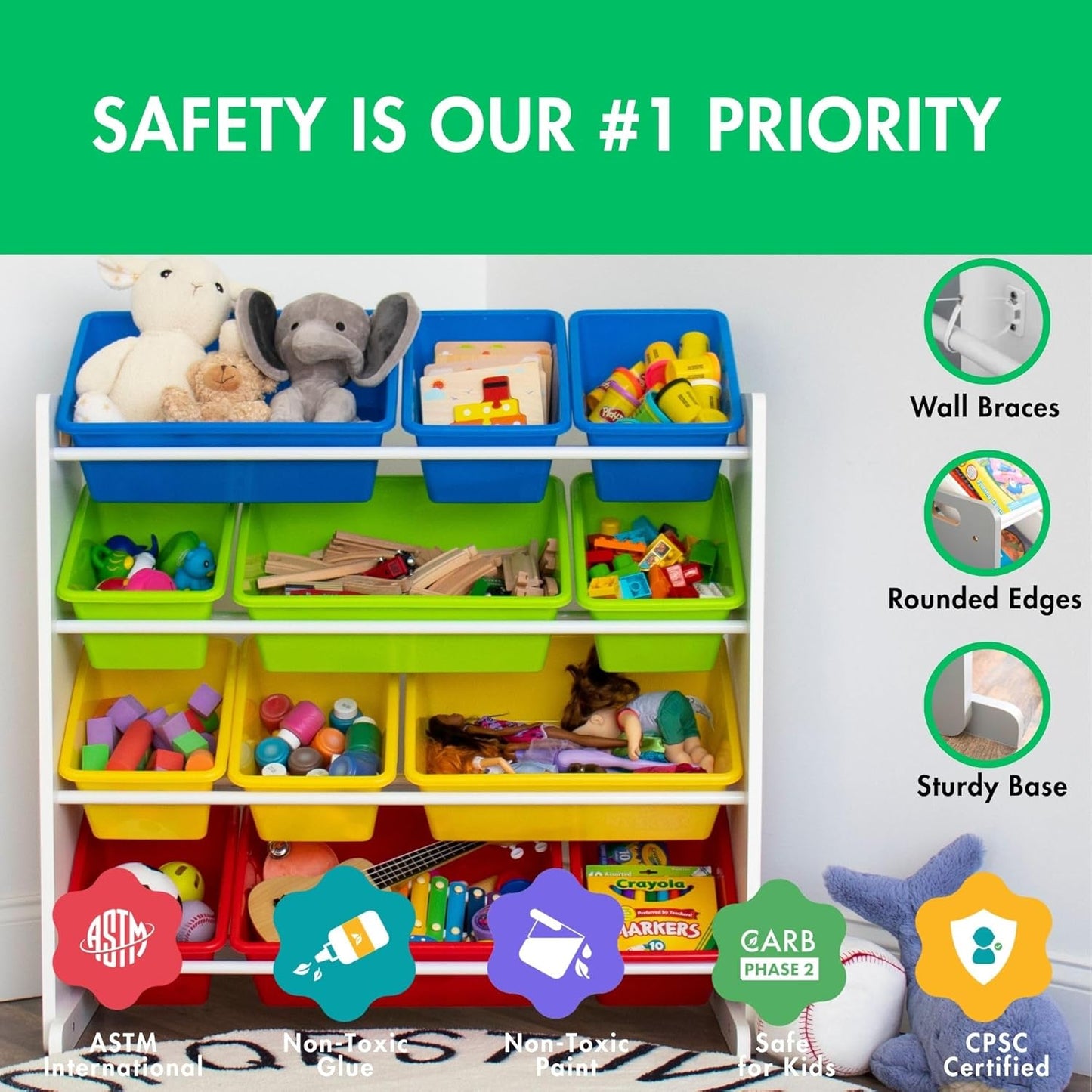 Kids Toy Storage Organizer with 12 Plastic Bins, White/Primary – Removable Bins for Playroom, Bedroom, Toddler Furniture for Boys and Girls Ages