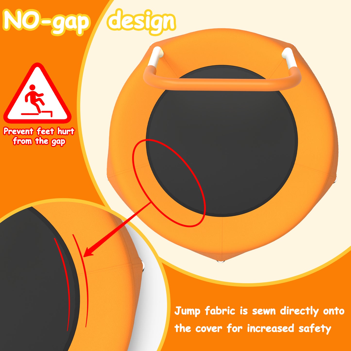 Orange safety mat with a no-gap design feature, showing how jump fabric is sewn directly onto the cover for increased safety.