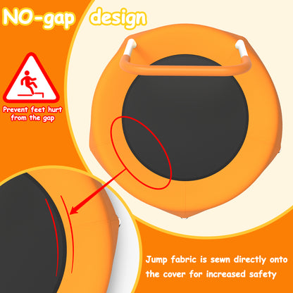 Orange safety mat with a no-gap design feature, showing how jump fabric is sewn directly onto the cover for increased safety.