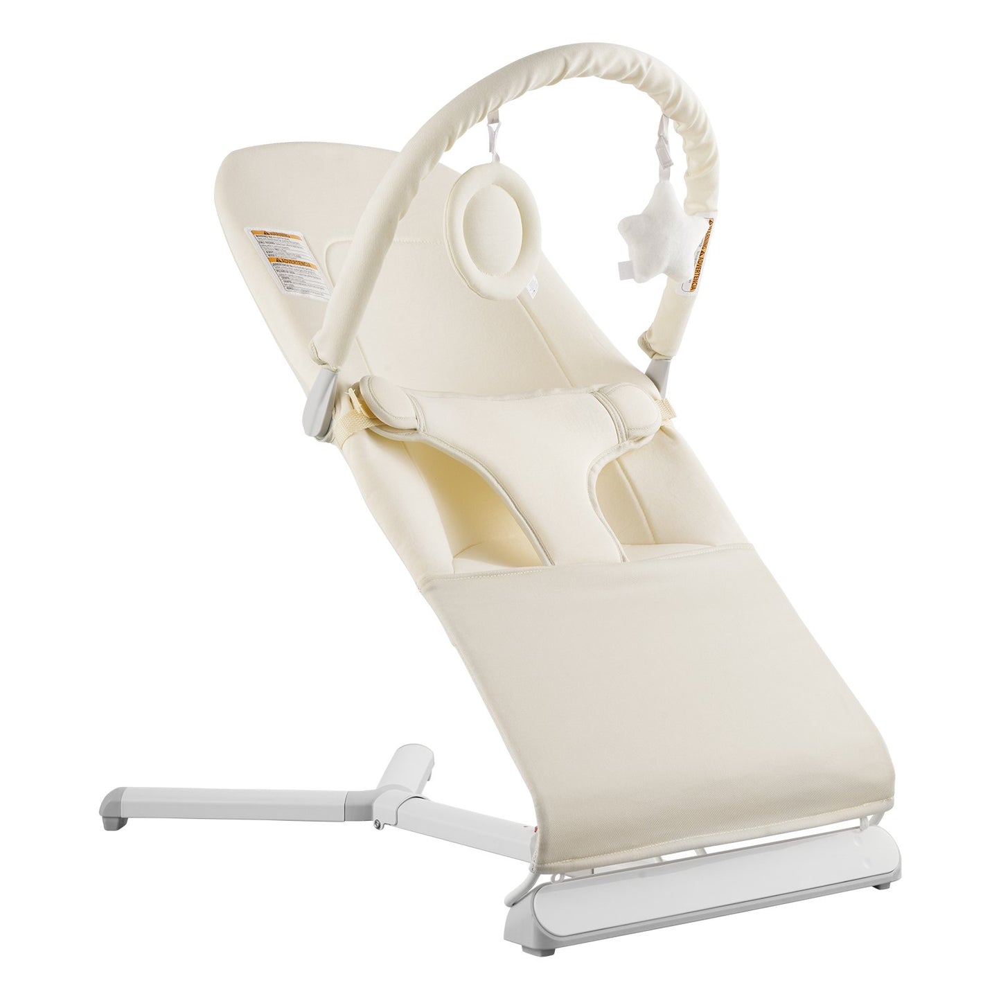 Beige baby bouncer with white base on a white background