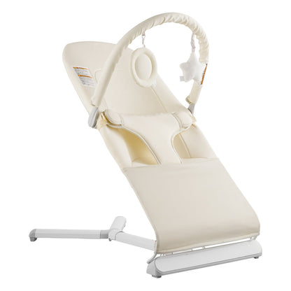Beige baby bouncer with white base on a white background