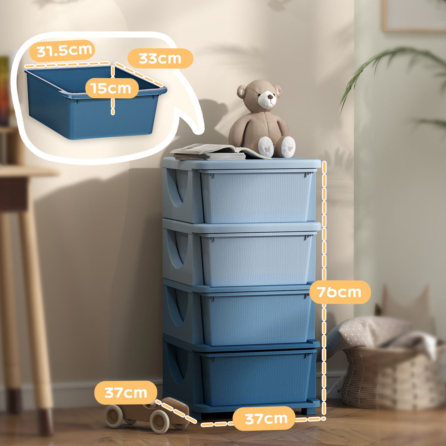 Kids 4-Drawer Storage Organizer - Blue Plastic Toy Chest & Wardrobe Unit for Playroom, Bedroom & Nursery