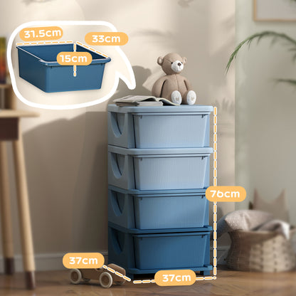 Kids 4-Drawer Storage Organizer - Blue Plastic Toy Chest & Wardrobe Unit for Playroom, Bedroom & Nursery