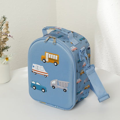 Blue children's backpack with vehicle patterns on a white surface