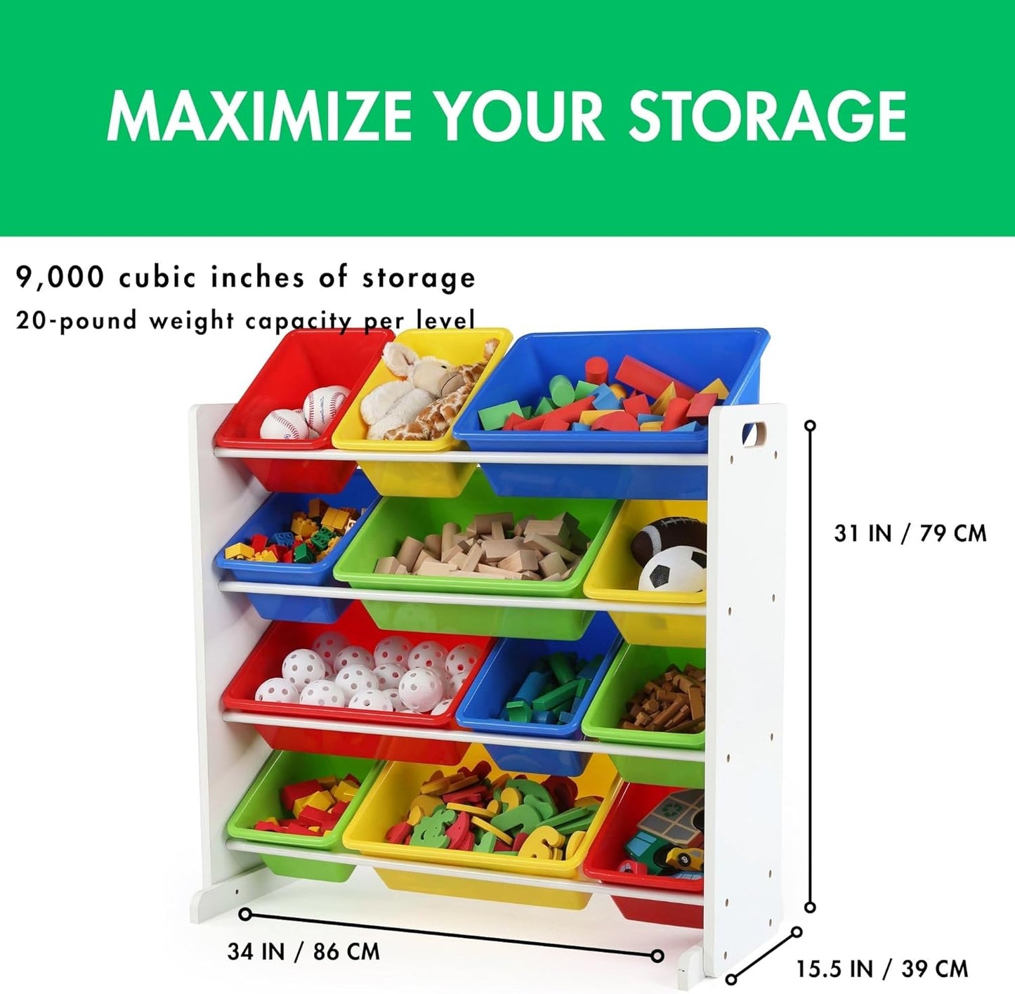 Kids Toy Storage Organizer with 12 Plastic Bins, White/Primary – Removable Bins for Playroom, Bedroom, Toddler Furniture for Boys and Girls Ages
